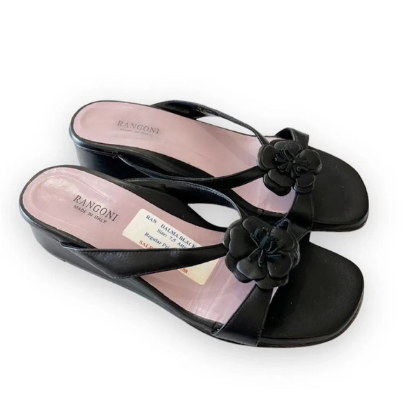 Rangoni Dalma Black Napa Leather Sandals Floral Mini Wedge Women’s Size 7.5 $170 - Picture 1 of 12